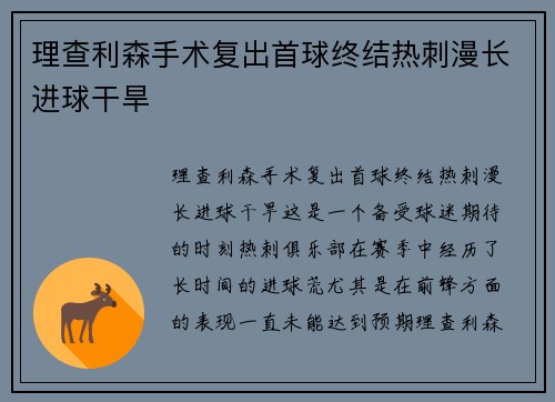 理查利森手术复出首球终结热刺漫长进球干旱