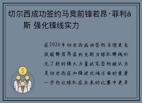 切尔西成功签约马竞前锋若昂·菲利克斯 强化锋线实力